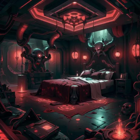bed room <lora:DemonicTech-20:0.8> demonictech, scifi, <lora:futuristic_interior_composer:0.8>