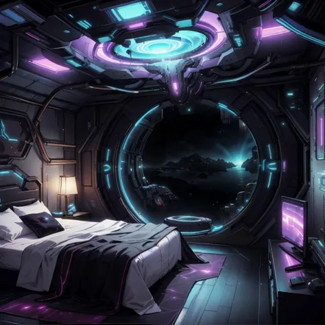 <lora:futuristic_interior_composer:0.8>, bed room  , <lora:UltraBlackholeTech-20:0.7> ulblackholetech, excessive energy, scifi,