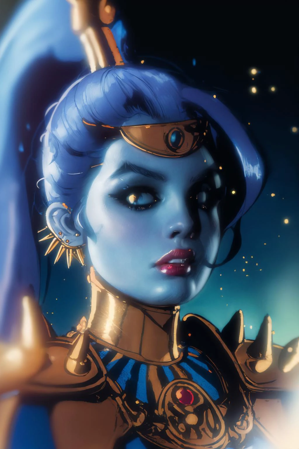 (masterpiece, best quality:1.2), <lora:megaera:.9>, megaera, 1girl, solo, ponytail, colored skin, breasts, piercing, ear piercing, blue skin, gorget, greek clothes, outdoors, looking at viewer, light particles, volumetric lighting, sparkling eyes, portrait, <lora:RetroGlitch:.9>, Retro Glitch, Retro, Glitch, <lora:AdamHughesStyleV7:0.9>, Adamhughesstyle