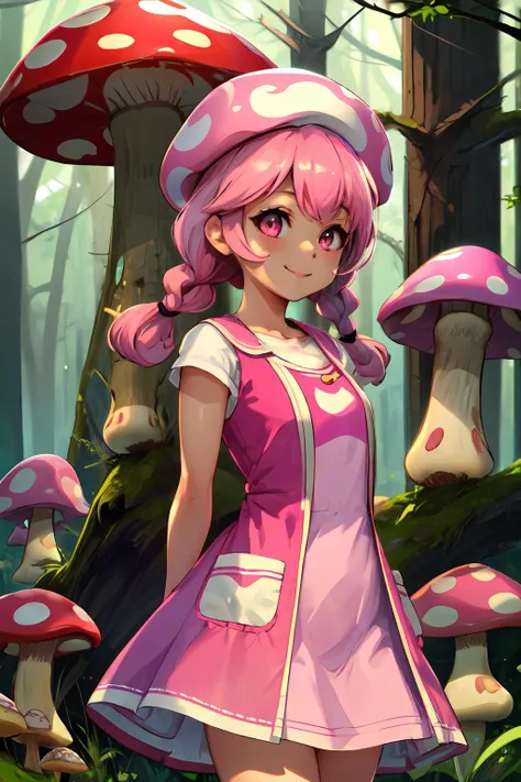 masterpiece,best quality,1girl,toadette,toad,pink hair,pink eyes,((mushroom cap)),twin braids,shortstack,pink dress,smile,standing,arms behind back,forest,<lora:toadette_nintento_v1:1.2>,