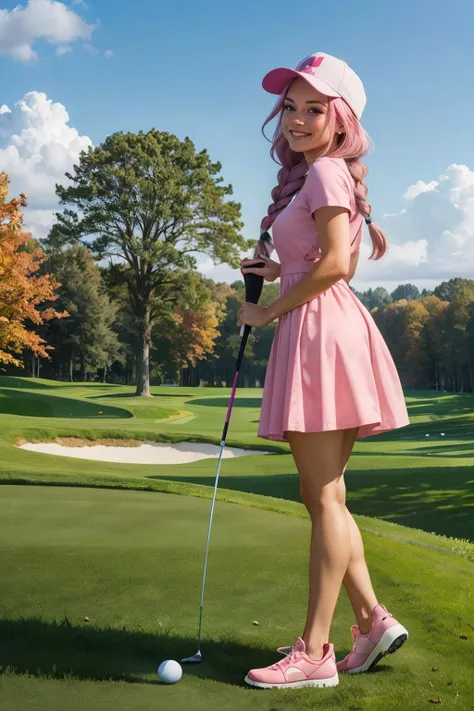 toadette, pink hair, braided hair, black eyes, pink dress,(pink mushroom cap), looking at viewer, smiling, happy, teeth, from_side, holding a golf club, outside, greens, golf field, trees, blue sky, high quality, masterpiece, <lora:toadette_nintento_v1:.8>