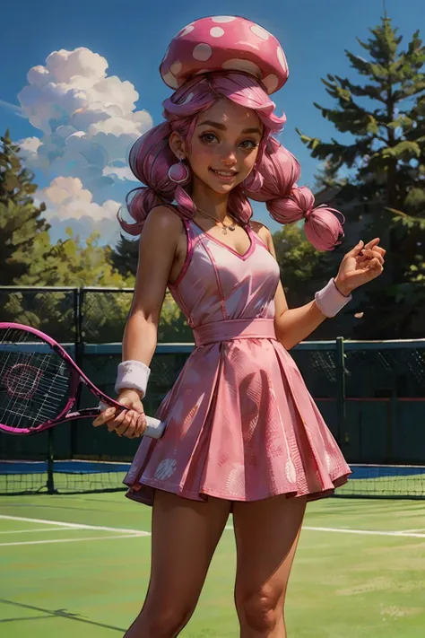 toadette, pink hair, braided hair, black eyes, pink dress,(pink mushroom cap), looking at viewer, smiling,  medium shot, standing, tennis court, holding tennis racket, net, blue sky, high quality, masterpiece, <lora:toadette_nintento_v1:.8>