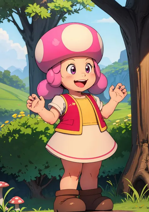 masterpiece, best quality, 8k, best quality, <lora:toadette_nintento_v1:0.95>, toad, (toadette:1.1), 1girl, solo, smile, standing, pink, girl, short, mushroom cap, (hands up:1.5), nature,