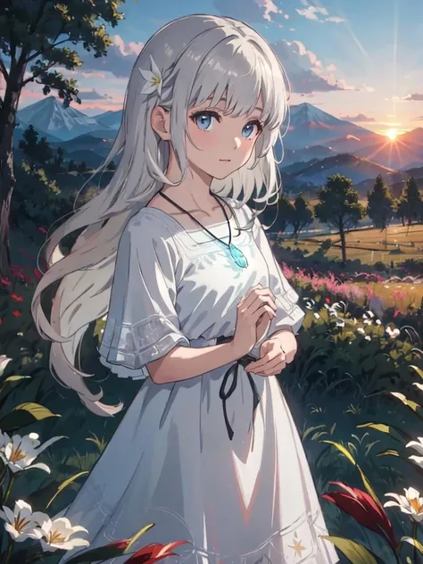 (masterpiece:1.3), (best quality:1.3), <lora:EnderLily_v17-000008:1>, Ender Lily, white hair, long hair, white dress, necklace, sunset, staying, fields, mountains on background
