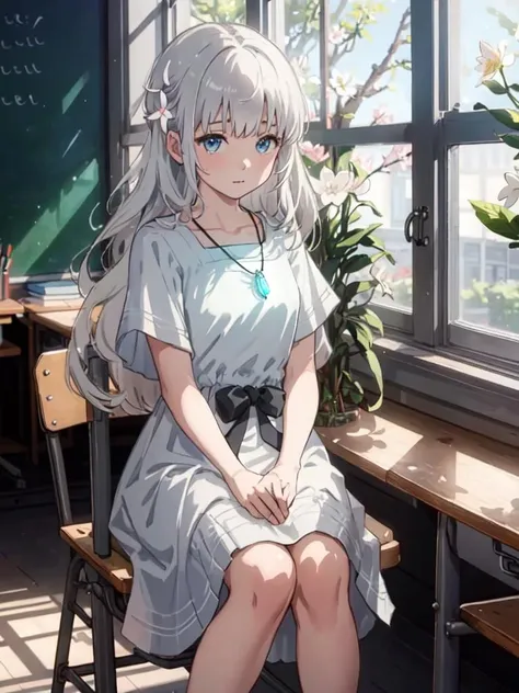 (masterpiece:1.3), (best quality:1.3), <lora:EnderLily_v17-000008:1>, Ender Lily, white hair, long hair, white dress, necklace, classroom, sitting, chair, window, blossom