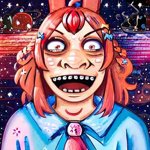 1 girl, by junji ito, amazing background, best composition, best color composition, trending on pixiv, , trending on pinterest, outer space, beautiful intricately detailed eyes, beautiful intricately detailed facial features, <lora:Char - PippaV2:1.0>, Pippa, Virtual Youtuber, Hair Ornament, Rabbit Ears, Pink Eyes, Pink Hair, <lora:lozhkin:1.0>, lozhkin, open mouth, big smile, accurate teeth with gaps,
