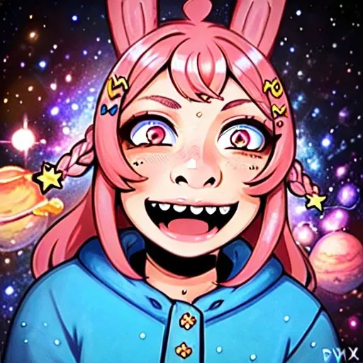 1 girl, amazing background, best composition, best color composition, trending on pixiv, , trending on pinterest, outer space, beautiful intricately detailed eyes, beautiful intricately detailed facial features, <lora:Char - PippaV2:0.8>, Pippa, Virtual Youtuber, Hair Ornament, Rabbit Ears, Pink Eyes, Pink Hair, <lora:lozhkin:0.7>, lozhkin, open mouth, big smile, accurate teeth with gaps,