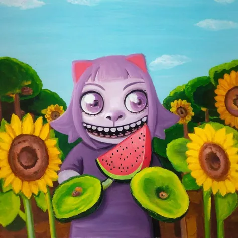 sfw, 1girl, solo, lozhkin, big smile, accurate teeth with gaps <lora:lozhkin_V1:0.65>, masunya, cat ears, (purple skin color:1.1), holding watermelon, <lora:my_LoRA_masunya_v3:0.8> outdoors, summer sunflower field, fisheye,