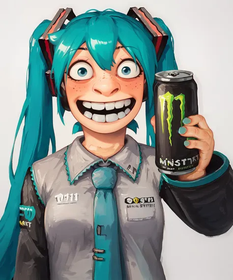 score_9, score_8_up, score_7_up, score_6_up, sfw, 1girl, solo,  <lora:lozhkin_pony:0.8> lozhkin, open mouth, big smile, accurate teeth with gaps, smile, blush, salute,
(hatsune miku:1.2),
monster energy, holding monster energy, <lora:monsterEenergy_pony:0.7>