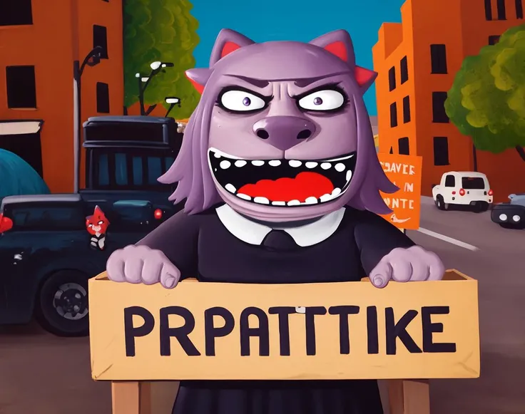 beautiful, masterpiece, best quality, masunya, cat ears, (purple skin color:1.1), maid dress, solo, activist, protest sign, demonstration, determined expression, social justice, angry, screaming, outdoors, crowded street, fisheye,<lora:my_LoRA_masunya_v3:0.8> by Jeremy Lipking, by William Bouguereau, (by Alphonse Mucha:0.5), lozhkin, accurate teeth with gaps <lora:lozhkin_V1:0.65>,