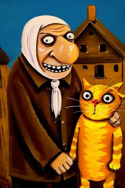 lozhkin <lora:vasyaLozhkinStyle_lozhkinV1:0.8>,  1girl smile wide with few teeth, scared cat