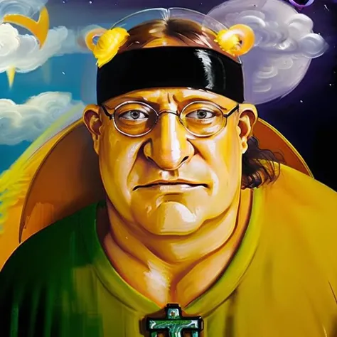 <lora:vasyaLozhkinStyle_lozhkinV1:0.9><lora:gaben_03-000008:0.7> , (gaben:1.2), realistic perfect face portrait, perfect hands,gabe newell, close portrait oil painting, (an angelic halo on his head:1.3), wearing (holy nimbus:1.4) headgear, halo,parody