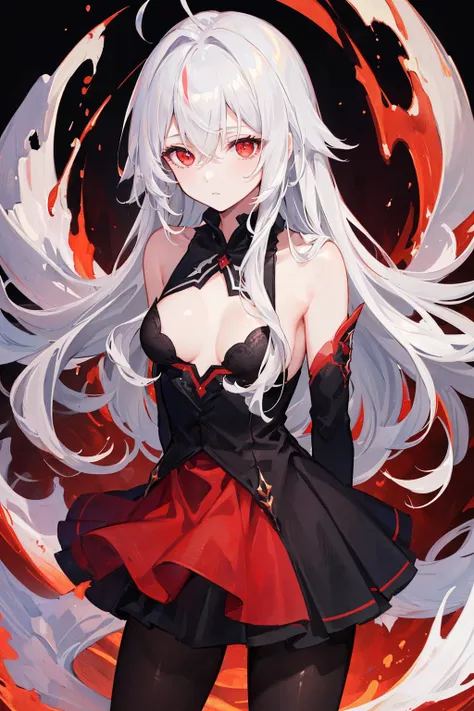 Long gray hair,blood red eyes,Necklace with cross,Wearing a black and white goth bikini