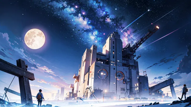 ((best quality, masterpiece, absurbres, super-resolution)), amazing landscape, detailed scenery, aesthetic background, starry sky, shooting stars, big moon, night sky, colorful lighting, cinematic lighting, neon light glowing, depth of field