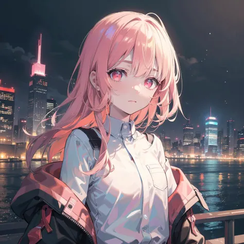 1girl, solo, loli, petite,(night_sky), (very_long_pink_hair), braids, (red_eyes), medium_breasts, (white_shirt:1.5), (windbreaker), (off_shoulder:1.2), (portrait), glowing_eyes, background_light, (cityscape:1.5), (neon_lights:1.2), (science), cyberpunk, ((masterpiece)), (highres), (best_quality), (highly_detailed), (original),(Delicate background),(extremely detailed 8K wallpaper),cinematic lighting, volume lighting, light particles, shaded_face, beautiful_detailed_eyes, depth_of_field, perspective,<lora:头发内部上色conceptColoredInner_v10:1,1,1,1,1,1,0.2,1,0.2,0,0,0.8,1,1,1,1,1>, 