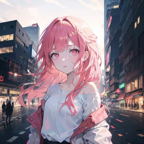 1girl, solo, loli, petite,(night_sky), (very_long_pink_hair), braids, (red_eyes), medium_breasts, (white_shirt:1.5), (windbreaker), (off_shoulder:1.2), (portrait), glowing_eyes, background_light, (cityscape:1.5), (neon_lights:1.2), (science), cyberpunk, ((masterpiece)), (highres), (best_quality), (highly_detailed), (original),(Delicate background),(extremely detailed 8K wallpaper),cinematic lighting, volume lighting, light particles, shaded_face, beautiful_detailed_eyes, depth_of_field, perspective,<lora:头发内部上色conceptColoredInner_v10:1,1,1,1,1,1,0.2,1,0.2,0,0,0.8,1,1,1,1,1>,