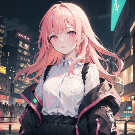 1girl, solo, loli, petite,(night_sky), (very_long_pink_hair), braids, (red_eyes), medium_breasts, (white_shirt:1.5), (windbreaker), (off_shoulder:1.2), (portrait), glowing_eyes, background_light, (cityscape:1.5), (neon_lights:1.2), (science), cyberpunk, ((masterpiece)), (highres), (best_quality), (highly_detailed), (original),(Delicate background),(extremely detailed 8K wallpaper),cinematic lighting, volume lighting, light particles, shaded_face, beautiful_detailed_eyes, depth_of_field, perspective,<lora:头发内部上色conceptColoredInner_v10:1,1,1,1,1,1,0.2,1,0.2,0,0,0.8,1,1,1,1,1>,