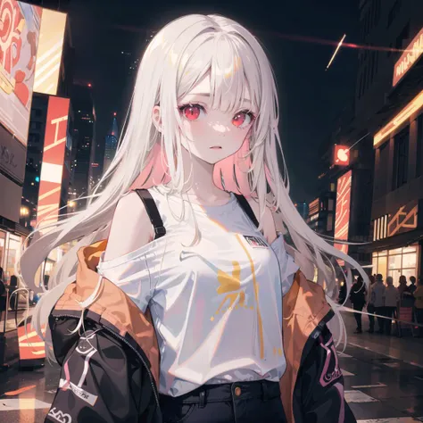 1girl, solo, ****, petite, (very_long_pink_hair), braids, (red_eyes), medium_breasts, (white_shirt:1.5), (windbreaker), (off_shoulder:1.2), (portrait), glowing_eyes, background_light, (cityscape:1.5), (neon_lights:1.2), (shushing:1.2),(science), cyberpunk, ((masterpiece)), (highres), (best_quality), (highly_detailed), (original),(Delicate background),(extremely detailed 8K wallpaper),cinematic lighting, volume lighting, light particles, shaded_face, beautiful_detailed_eyes, depth_of_field, perspective,<lora:头发内部上色conceptColoredInner_v10:1,1,1,1,1,1,0.2,1,0.2,0,0,0.8,1,1,1,1,1>,<镭射服装conceptHolographic_holographicClothing:1,1,1,1,1,0,0.2,0,0.8,1,1,0.2,0,0,0,0,0>