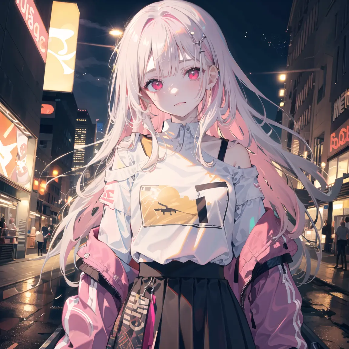 1girl, solo, li, pee, (very_long_hair), (pink_hair:1.2), braids, (red_eyes), medium_breasts, (white_shirt:1.5), (windbreaker), (off_shoulder:1.2), (portrait), glowing_eyes, background_light, (cityscape:1.5), (pleated skirt, )(neon_lights:1.2), (science), cyberpunk, ((masterpiece)), (highres), (best_quality), (highly_detailed), (original),(Delicate background),(extremely detailed 8K wallpaper),cinematic lighting, volume lighting, light particles, shaded_face, beautiful_detailed_eyes, depth_of_field, perspective,<lora:头发内部上色conceptColoredInner_v10:1,1,1,1,1,1,0.2,1,0.2,0,0,0.8,1,1,1,1,1>,<镭射服装conceptHolographic_holographicClothing:1,1,1,1,1,0,0.2,0,0.8,1,1,0.2,0,0,0,0,0>,