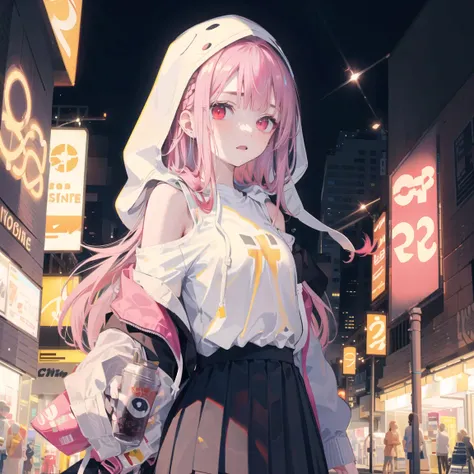 1girl, solo, loli, petite, (very_long_hair), (pink_hair:1.2), braids, (red_eyes), medium_breasts, (white_shirt:1.5), (windbreaker), (off_shoulder:1.2), (portrait), glowing_eyes, background_light, (cityscape:1.5), (pleated skirt)(neon_lights:1.2), (science), cyberpunk, ((masterpiece)), (highres), (best_quality), (highly_detailed), (original),(Delicate background),(extremely detailed 8K wallpaper),cinematic lighting, volume lighting, light particles, shaded_face, beautiful_detailed_eyes, depth_of_field, perspective,<lora:头发内部上色conceptColoredInner_v10:1,1,1,1,1,1,0.2,1,0.2,0,0,0.8,1,1,1,1,1>,<镭射服装conceptHolographic_holographicClothing:1,1,1,1,1,0,0.2,0,0.8,1,1,0.2,0,0,0,0,0>, (hood:1.5),