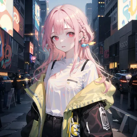 1girl, solo, li, pee, (very_long_pink_hair), braids, (red_eyes), medium_breasts, (white_shirt:1.5), (windbreaker), (off_shoulder:1.2), (portrait), glowing_eyes, background_light, (cityscape:1.5), (neon_lights:1.2), (science), cyberpunk, ((masterpiece)), (highres), (best_quality), (highly_detailed), (original),(Delicate background),(extremely detailed 8K wallpaper),cinematic lighting, volume lighting, light particles, shaded_face, beautiful_detailed_eyes, depth_of_field, perspective,<lora:头发内部上色conceptColoredInner_v10:1,1,1,1,1,1,0.2,1,0.2,0,0,0.8,1,1,1,1,1>,<镭射服装conceptHolographic_holographicClothing:1,1,1,1,1,0,0.2,0,0.8,1,1,0.2,0,0,0,0,0>