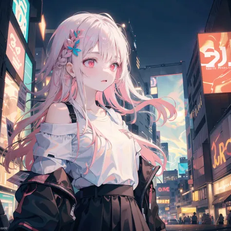 1girl, solo, ****, petite, (very_long_hair), (pink_hair:1.2), braids, (red_eyes), medium_breasts, (white_shirt:1.5), (windbreaker), (off_shoulder:1.2), (portrait), glowing_eyes, background_light, (cityscape:1.5), (neon_lights:1.2), (shushing:1.2),(science), cyberpunk, ((masterpiece)), (highres), (best_quality), (highly_detailed), (original),(Delicate background),(extremely detailed 8K wallpaper),cinematic lighting, volume lighting, light particles, shaded_face, beautiful_detailed_eyes, depth_of_field, perspective,<lora:头发内部上色conceptColoredInner_v10:1,1,1,1,1,1,0.2,1,0.2,0,0,0.8,1,1,1,1,1>,<镭射服装conceptHolographic_holographicClothing:1,1,1,1,1,0,0.2,0,0.8,1,1,0.2,0,0,0,0,0>