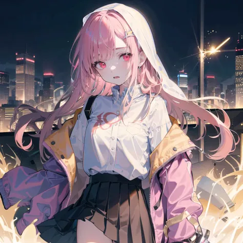 1girl, solo, loli, petite, (very_long_hair), (pink_hair:1.2), braids, (red_eyes), medium_breasts, (white_shirt:1.5), (windbreaker), (off_shoulder:1.2), (portrait), glowing_eyes, background_light, (cityscape:1.5), (pleated skirt)(neon_lights:1.2), (science), cyberpunk, ((masterpiece)), (highres), (best_quality), (highly_detailed), (original),(Delicate background),(extremely detailed 8K wallpaper),cinematic lighting, volume lighting, light particles, shaded_face, beautiful_detailed_eyes, depth_of_field, perspective,<lora:头发内部上色conceptColoredInner_v10:1,1,1,1,1,1,0.2,1,0.2,0,0,0.8,1,1,1,1,1>,<镭射服装conceptHolographic_holographicClothing:1,1,1,1,1,0,0.2,0,0.8,1,1,0.2,0,0,0,0,0>,