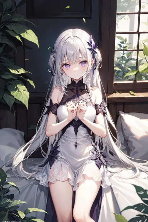 masterpiece, best quality, silver hair, purple eyes, (Glowing leaf dress:1.2), pale skin, closed mouth, sad, absurdly long hair, (impossible dress:1.3), <lora:add_detail:0.6>