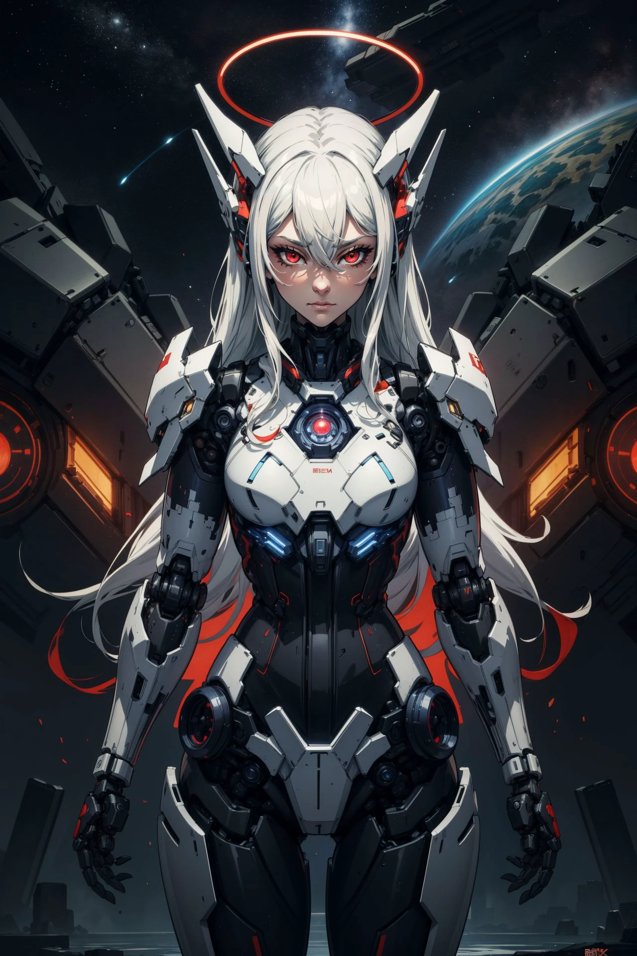 masterpiece,best quality,ultra-detailed,very detailed illustrations,extremely detailed,intricate details,highres,(sleepy:1.1),super complex details,extremely detailed 8k cg wallpaper,cowboy shot, caustics,reflection,ray tracing,demontheme,nebula,dark aura,cyber effect, (1girl:1.4),solo,alone,mecha musume,mechanical parts, robot joints,single mechanical arm, headgear, mechanical halo,star halo,intricate mechanical bodysuit, mecha corset, kimono, full armor, very long hair,white hair, hair between eyes, multicolored hair, colored inner hair, red eyes,glowing eye,eye trail, random expressions,random action, ancient japanese architecture,pond, starry sky,skyline, <lora:AMechaSSS:1>