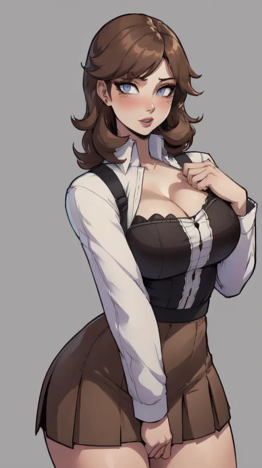 (mature female, 25 yo woman), 1girl, looking at viewer, shot from thighs to head, sexy pose
(perfect eyes, detailed eyes, detailed hair, detailed face, intricate detail)
(large breasts, busty, thick thighs, wide hips), cleavage, bold makeup, pov, blush, lipstick, big lips
<lora:Persona3Yukari:0.7> Persona3Yukari, light brown hair
black pleated miniskirt, (masterpiece, best quality, best lighting) <lora:ThiccwithaQ [MockAi - v1.0]:0.8> nyantcha, expressive faces, anime-inspired, cell shading