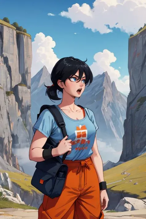 1girl, backpack, bag, black hair, blue eyes, blue sky, building, cloud, cloudy sky, collarbone, day, dougi, looking away, mountain, open mouth, orange pants, outdoors, sky, solo, son goku, wristband