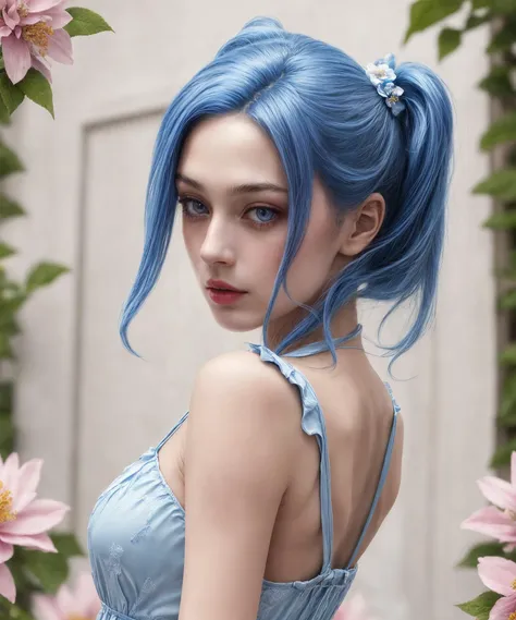 (8k, best quality, masterpiece:1.2, realistic:1.37, photorealism), close up, woman, blue hairs, (blue eyes:1.1), two ponytails hairstyle, dress, upper body, dynamic pose, dynamic angle, in flowers, <lora:Maybe Baby v1.3:0.7>, <lora:more_details:0.5>