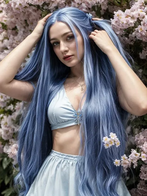 (8k, best quality, masterpiece:1.2, realistic:1.37, photorealism), close up, <lora:Maybe Baby v1.3 lite:0.7>, woman, blue hairs, (blue eyes:1.1), upper body, dynamic pose, dynamic angle, in flowers