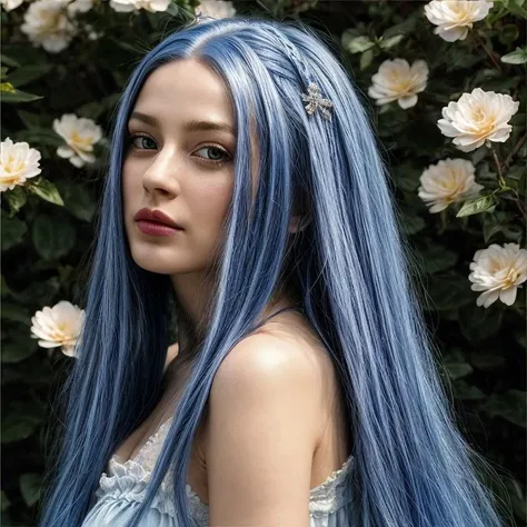 (8k, best quality, masterpiece:1.2, realistic:1.37, photorealism), close up, <lora:Maybe Baby v1.3 lite:0.7>, woman, blue hairs, (blue eyes:1.1), upper body, dynamic pose, dynamic angle, in flowers