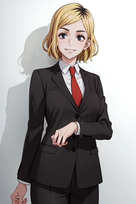 AkariBS1, 1girl, solo, short hair, blonde hair, collared shirt, red necktie, multicolored hair, two-tone hair, formal, suit, smile, black pants, black eyes, <lora:AkariBS1:0.8>
BREAK
masterpiece, best quality, highly detailed background, perfect lightingbest quality, ((shiny skin, glossy skin, detailed skin))
