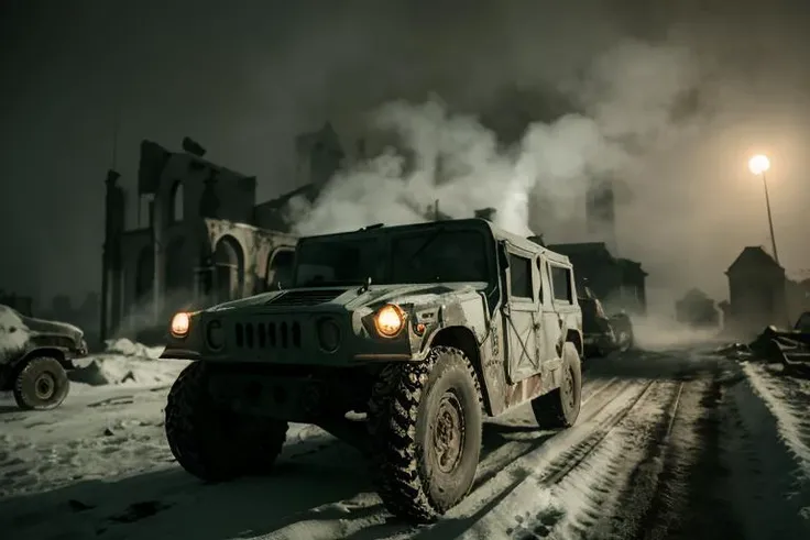 analog gloomy photo of a HUMVEE car, <lora:humv33:1.0>, driving through a decayed city (at night), ((church ruins)), dilapidated buildings, ((blood and corpses on the snow)), ((winter)), ((snow)), (horror movie), ((nighttime)), ((green fumes:1.3)), High Detail, Sharp focus, (photorealism), realistic, best quality, 8k, award winning, dramatic lighting, epic, cinematic, masterpiece, rim light, ambient fog:1.2,