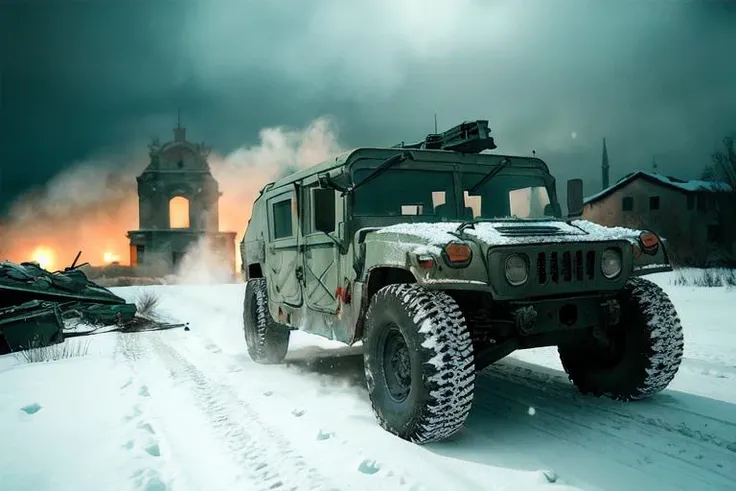 analog gloomy photo of a HUMVEE car,  <lora:humv33:1.0>, driving through a decayed city (at night), ((church ruins)), dilapidated buildings, ((blood and corpses on the snow)), ((winter)), ((snow)), (horror movie), ((nighttime)),  ((green fumes:1.3)), High Detail, Sharp focus, (photorealism), realistic, best quality, 8k, award winning, dramatic lighting, epic, cinematic, masterpiece, rim light, ambient fog:1.2,