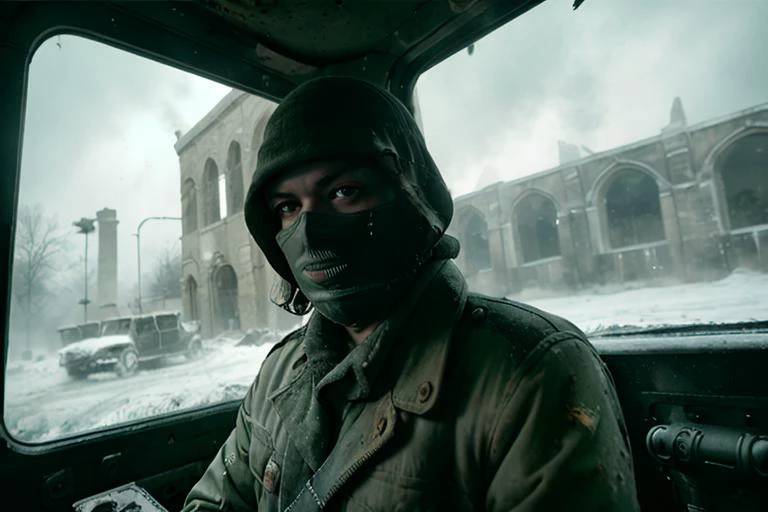 analog gloomy photo of a HUMVEE car, <lora:humv33:1.0>, driving through a decayed city (at night), ((church ruins)), dilapidated buildings, (blood and corpses on the snow), ((winter)), ((snow)), (horror movie), ((nighttime)), ((green fumes:1.3)), High Detail, Sharp focus, (photorealism), realistic, best quality, 8k, award winning, dramatic lighting, epic, cinematic, masterpiece, rim light, ambient fog:1.2,