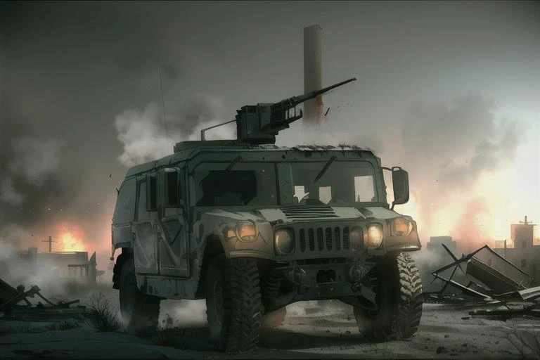 analog gloomy photo of a HUMVEE car, <lora:humv33:1.0>, driving through a decayed city (at night), ((church ruins)), dilapidated buildings, ((blood and corpses on the snow)), ((winter)), ((snow)), (horror ), ((nighttime)), ((green fumes:1.3)), High Detail, Sharp focus, (photorealism), realistic, best quality, 8k, award winning, dramatic lighting, epic, cinematic, masterpiece, rim light, ambient fog:1.2,