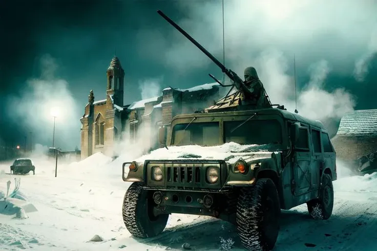 analog gloomy photo of a HUMVEE car, <lora:humv33:1.0>, driving through a decayed city (at night), ((church ruins)), dilapidated buildings, ((blood and corpses on the snow)), ((winter)), ((snow)), (horror movie), ((nighttime)), ((green fumes:1.3)), High Detail, Sharp focus, (photorealism), realistic, best quality, 8k, award winning, dramatic lighting, epic, cinematic, masterpiece, rim light, ambient fog:1.2,