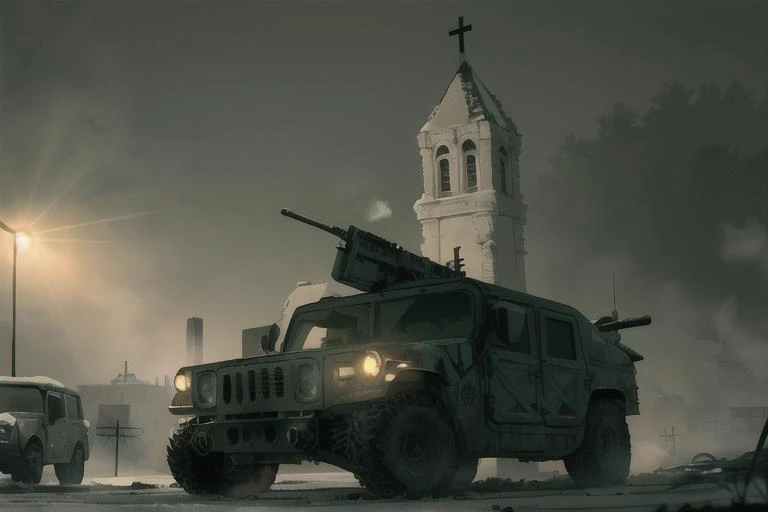 analog gloomy photo of a HUMVEE car, <lora:humv33:1.0>, driving through a decayed city (at night), ((church ruins)), dilapidated buildings, ((blood and corpses on the snow)), ((winter)), ((snow)), (horror ), ((nighttime)), ((green fumes:1.3)), High Detail, Sharp focus, (photorealism), realistic, best quality, 8k, award winning, dramatic lighting, epic, cinematic, masterpiece, rim light, ambient fog:1.2,