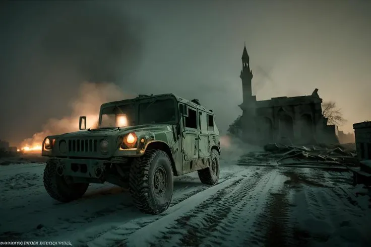 analog gloomy photo of a HUMVEE car, <lora:humv33:1.0>, driving through a decayed city (at night), ((church ruins)), dilapidated buildings, ((blood and corpses on the snow)), ((winter)), ((snow)), (horror movie), ((nighttime)), ((green fumes:1.3)), High Detail, Sharp focus, (photorealism), realistic, best quality, 8k, award winning, dramatic lighting, epic, cinematic, masterpiece, rim light, ambient fog:1.2,
