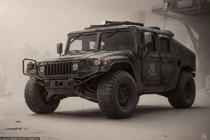 Generate ((best quality)), ((masterpiece)) (bilateral symmetry:1.5), [car commercial]. The image [cyberpunk style zeekars] with [neon lights] and futuristic art should be captured in a [wide-angle view] and depict [single] [cyberpunk] [SWAT] HUMVEE with (((black paint color))) as a centerpiece of the image  <lora:humv33:0.7> Focus on HUMVEE distinct two round headlights positioned at the front, giving it a recognizable appearance. Highlight the square-shaped windshields that contribute to its utilitarian design. Depict the boxy and sturdy body of the vehicle, emphasizing its ruggedness and durability. Showcase the large, robust tires with [glowing rims] that enable the HUMVEE to conquer challenging terrains. Pay attention to accurate proportions and details to ensure a realistic representation of the HUMVEE's physical attributes.  Its tires churns up the dry earth beneath, creating a magnificent sand dust cloud that billows outwards, trailing in the car's wake. The car headlights should shine brightly. The image should showcase the [raw] and [vibrant colors] of the car. The image should be a highly-detailed photography, conveying a sense of [danger] and [grittiness]. The final image should be a [masterpiece], with a [realistic portrayal] of the HUMVEE that is both [intimidating] and [awe-inspiring].  Image takes place in [cyberpunk futuristic city] street at [night] shrouded in [fog] illuminated by [neon lights]..  <lora:Cyberpunk 2077:0.5>  <lora:zeekars:0.5>