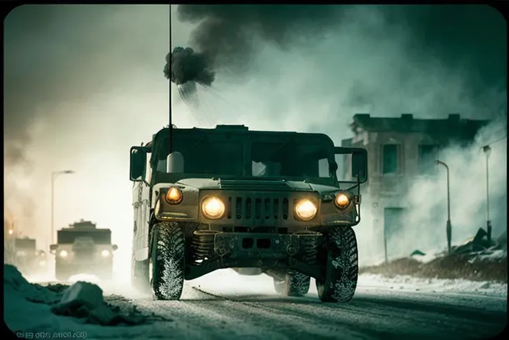 analog gloomy photo of a HUMVEE car, <lora:humv33:1.0>, driving through a decayed city (at night), church ruins, dilapidated buildings, blood and corpses on the snow, ((winter)), ((snow)), (horror ), ((nighttime)), ((green fumes:1.2)), High Detail, Sharp focus, (photorealism), realistic, best quality, 8k, award winning, dramatic lighting, epic, cinematic, masterpiece, rim light, ambient fog:1.2,