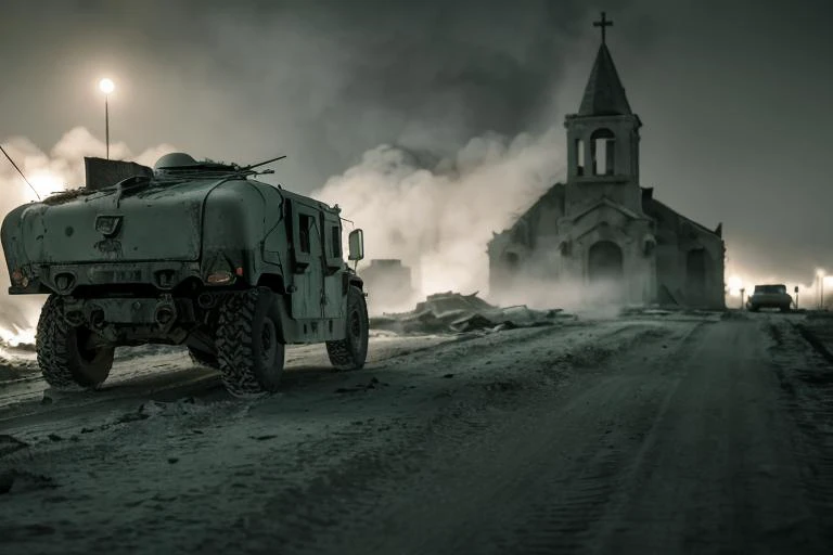 analog gloomy photo of a HUMVEE car, <lora:humv33:1.0>, driving through a decayed city (at night), ((church ruins)), dilapidated buildings, ((blood and corpses on the snow)), ((winter)), ((snow)), (horror ), ((nighttime)), ((green fumes:1.3)), High Detail, Sharp focus, (photorealism), realistic, best quality, 8k, award winning, dramatic lighting, epic, cinematic, masterpiece, rim light, ambient fog:1.2,