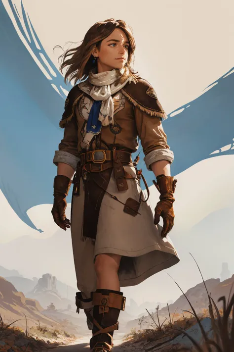 ASCII<lora:mercedes-nvwls-v2-final:.8> hopesMercedes, medium hair, blue ascot, long brown dress ,
solo, half shot, looking down, detailed background, detailed face, (tribal mayan theme:1.1), trapper, hunter, brown leather clothing, belt, gloves, rugged, scarf, walking, snare, lure, hunting knife, campsite background, fallen leaves, underbrush, fantasy frontier cinematic atmosphere,