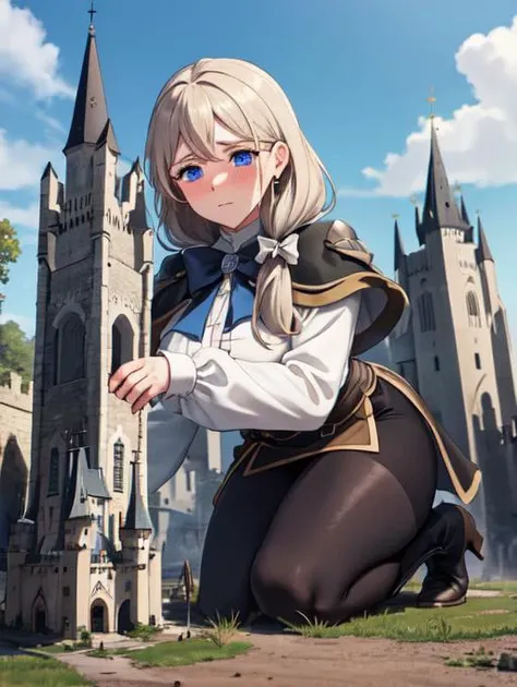 masterpiece, best quality, defMercedes, capelet, hair bow, white shirt, black skirt, blue leggings, large breasts, cathedral, sky, cloud, outdoors, beautiful blue eyes, detailed blue eyes, thick eyelashes, boots, leggings, <lora:mercedes-nvwls-v2-final:0.5>, blushing, nervous, giantess, GTS, (crawling over castles, crawling:1.3), on all fours:1.5, looking down at viewer, destroyed castle, rubble, debris, <lora:GTSv5:0.8>, stone ground, full body view, full body, looking down, rampage, destruction, tiny civilians, surrounded by people, low angle, from below, groundview, ground view, medieval village, fantasy village, castle gate, drawbridge,