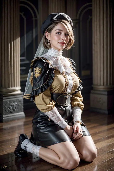 (realistic:1.3), finely detailed, quality, rembrandt lighting, (masterpiece:1.2), (photorealistic:1.2), (best quality), (detailed skin:1.3), (intricate details), dramatic, ray tracing, 1girl, german girl, 21 years old, detailed skin texture, (blush:0.5), (goosebumps:0.5), subsurface scattering, smiling, medium breasts, warMercedes, beret, veil, see-through, short hair, blue ascot, lace trimmed shirt, long frilled dress, full body, (bright sunny day), <lora:mercedes-nvwls-v2:0.8>