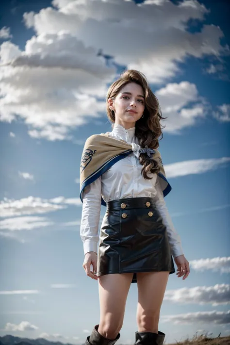 (realistic:1.3), finely detailed, quality, rembrandt lighting, (masterpiece:1.2), (photorealistic:1.2), (best quality), (detailed skin:1.3), (intricate details), dramatic, ray tracing, 1girl, german girl, 21 years old, detailed skin texture, (blush:0.5), (goosebumps:0.5), subsurface scattering, smiling, medium breasts, defMercedes, capelet, hair bow, white shirt, black skirt, (blue leggings:1.1), brown boots, (bright sunny day, outdoors, village in the distance, sky, clouds), <lora:mercedes-nvwls-v2:0.8>
