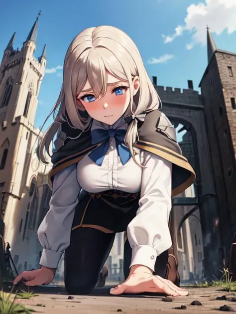 masterpiece, best quality, defMercedes, capelet, hair bow, white shirt, black skirt, blue leggings, large breasts, cathedral, sky, cloud, outdoors, beautiful blue eyes, detailed blue eyes, thick eyelashes, boots, leggings, <lora:mercedes-nvwls-v2-final:0.5>, blushing, nervous, giantess, GTS, (crawling over castles, crawling:1.3), on all fours:1.5, looking down at viewer, destroyed castle, rubble, debris, <lora:GTSv5:0.8>, stone ground, full body view, full body, looking down, rampage, destruction, tiny civilians, surrounded by people, low angle, from below, groundview, ground view, medieval village, fantasy village, castle gate, drawbridge,